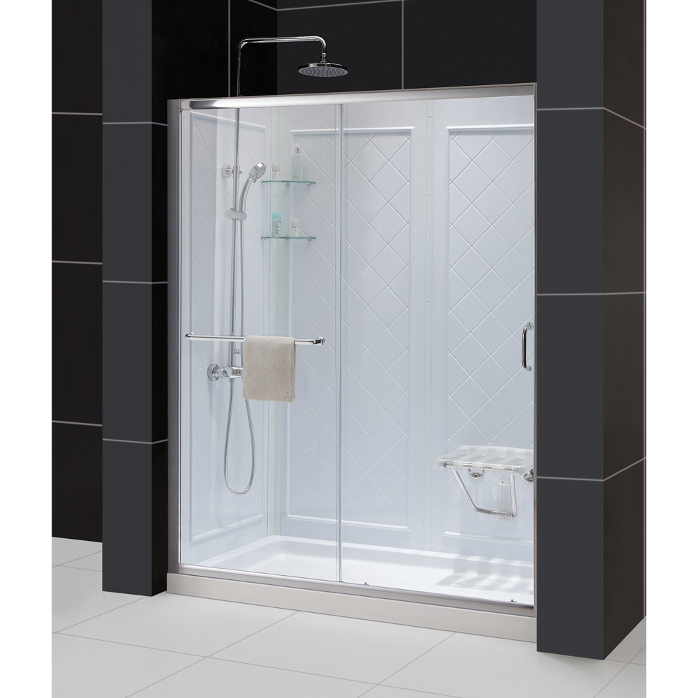 Bath Authority DreamLine Infinity-Z Frameless Sliding Shower Door, Single Threshold Shower Base and QWALL-5 Shower Backwalls Kit (30" by 60") DL-6116
